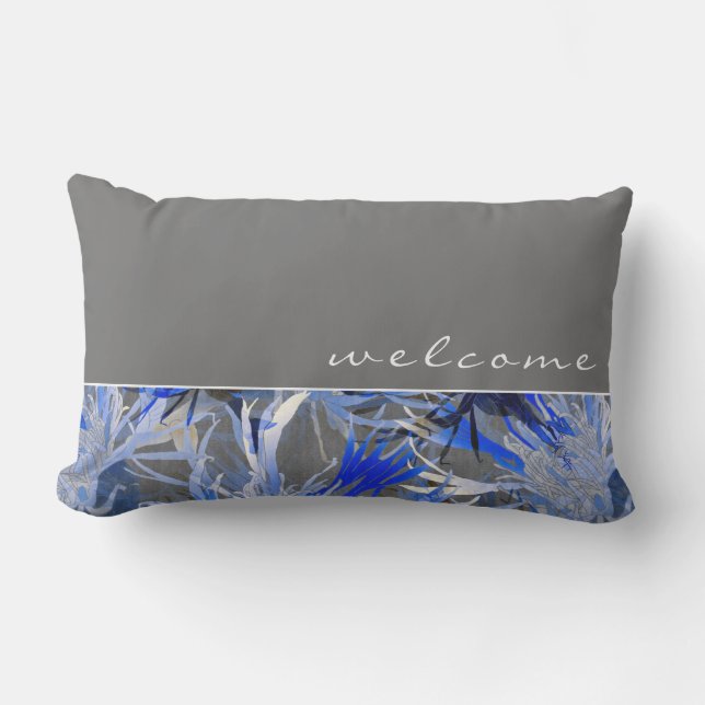 Welcome | Grey White & Blue Abstract Floral Lumbar Pillow (Front)