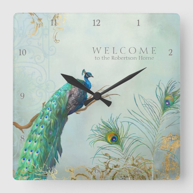 Welcome Guest Family Room Peacock n Feathers Art Square Wall Clock (Front)