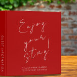 Welcome Guest Information Red Binder<br><div class="desc">Modern guest information binder features a minimal design in a red colour palette. "Enjoy your stay!" in elegant script with branded name and address or custom text; guest information subject presented in simple font. Shown with a custom welcome message, address and braded name and on the front in elegant font...</div>