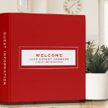 Welcome | Guest Information | Red Binder<br><div class="desc">Modern guest information binder features a minimal design in a red colour palette. "Welcome" and custom address and guest information subject presented in simple font in a white window with a coordinating frame. Shown with a custom welcome message, address and guest information and on the front in modern typography, this...</div>