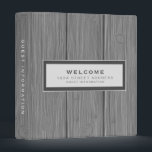 Welcome | Guest Information | Wood Plank Binder<br><div class="desc">Modern guest information binder features a minimal design. "Welcome" and custom address and guest information subject presented in simple font in a white window with a coordinating frame on a stylish grey wood plank background. Shown with a custom welcome message, address and guest information and on the front in modern...</div>