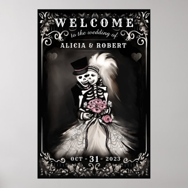 Welcome Halloween Skeletons Pink Floral Wedding Poster (Front)