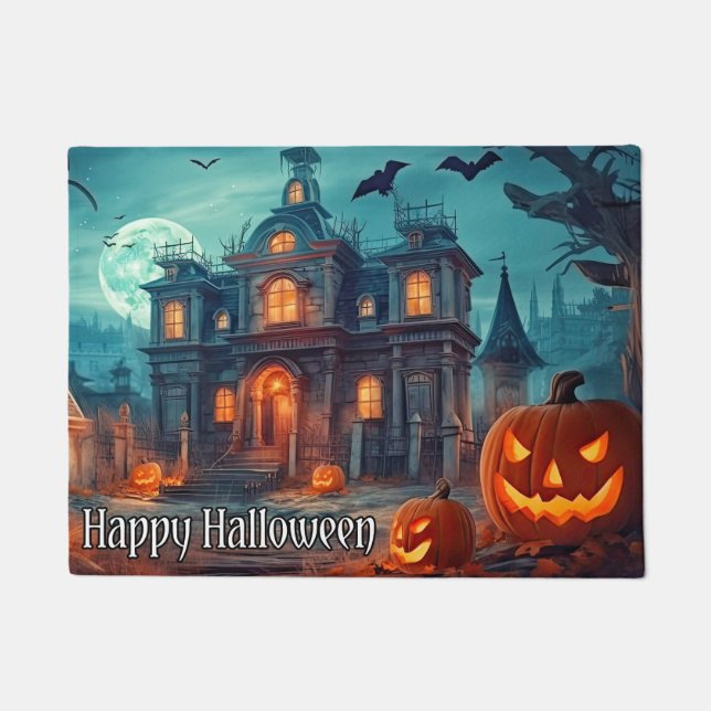 Welcome | Happy Halloween Spooky Pumpkins Doormat (Front)
