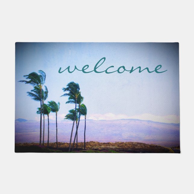 Welcome Hawaii Palm Trees Purple Mountain Photo Doormat (Front)
