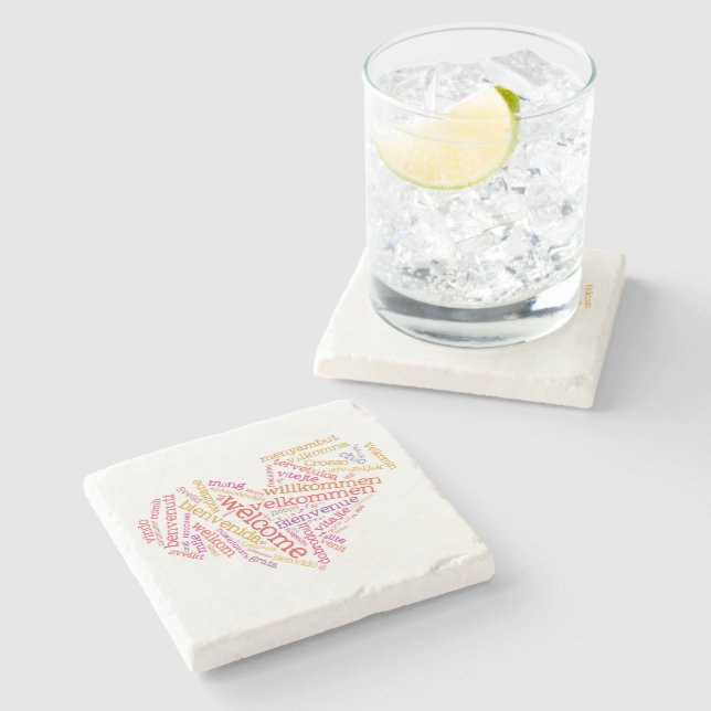 Welcome Heart (many languages) Stone Coaster (Side)