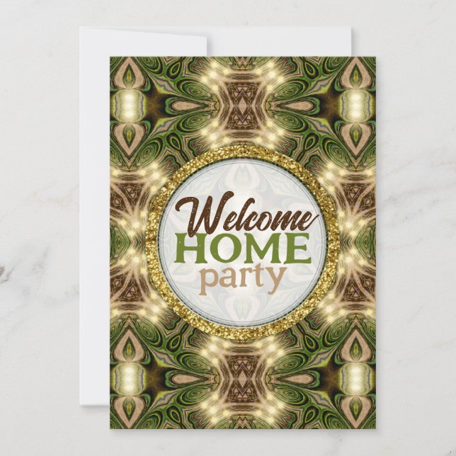Welcome Home Batik Earth Green Gold Forest Party Invitation (Front)