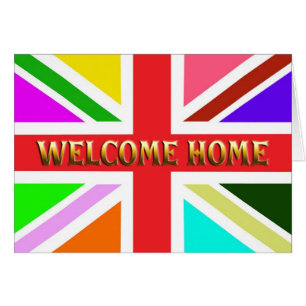 Welcome home card with a rainbow Union Jack