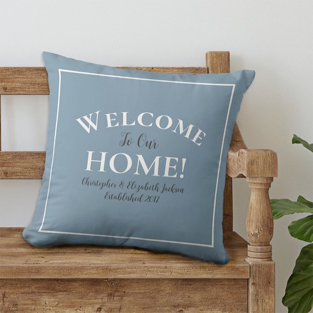 Welcome Home Custom Dusty Blue Calligraphy Chic Throw Pillow (Creator Uploaded)