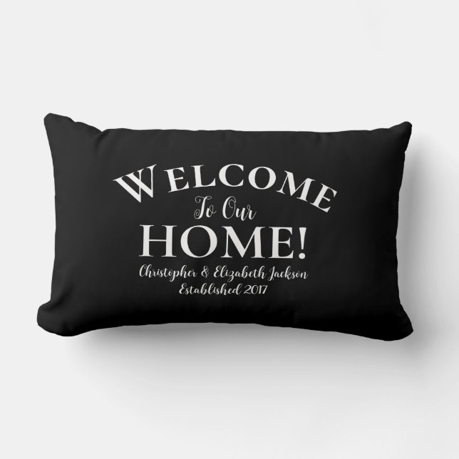 Welcome Home Custom Elegant Calligraphy Chic Black Lumbar Pillow (Front)