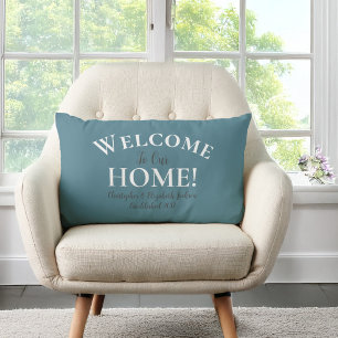 Welcome Home Custom Elegant Calligraphy Chic Teal Lumbar Pillow