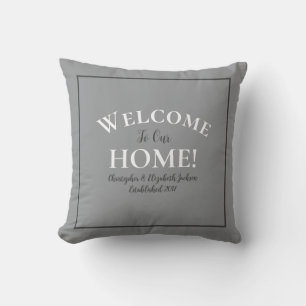 Welcome Home Custom Trendy Grey Calligraphy Chic Throw Pillow