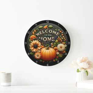 Welcome Home Floral Pumpkin Autumn Large Clock