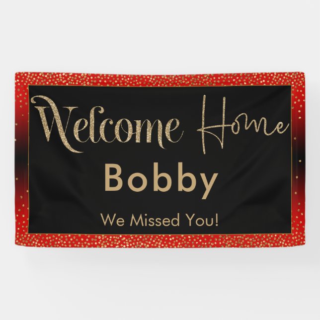 Welcome Home Gold Confetti, Bright Red Banner (Horizontal)