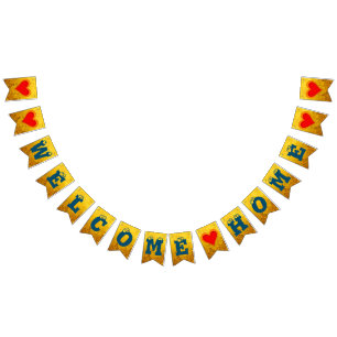 WELCOME HOME + hearts & golden style background Bunting Flags