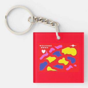 Welcome Home Message happy red with patterns Keychain