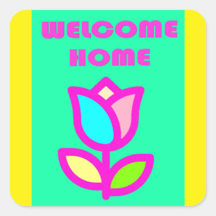 WELCOME HOME PURPLE AND YELLOW DESIGN SQUARE STICKER