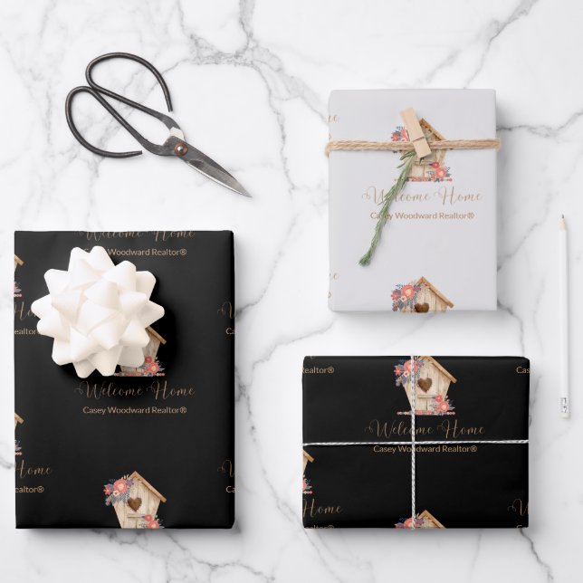 Welcome Home Realtor Personalized in Black & Grey Wrapping Paper Sheet (Front)