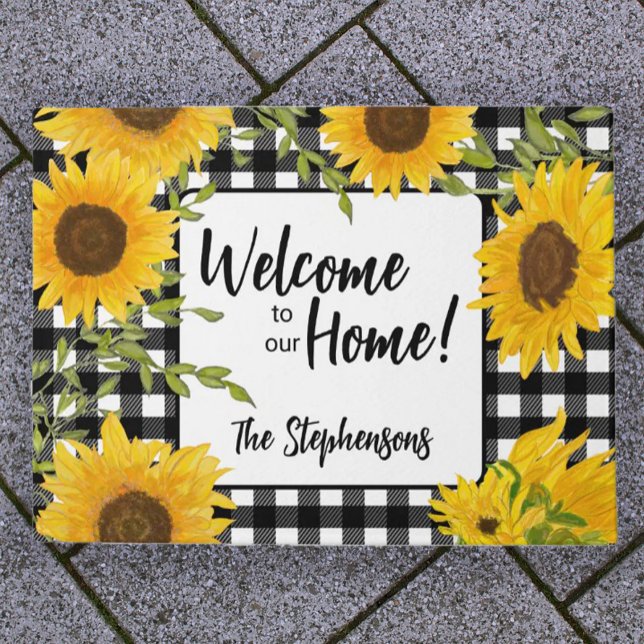 Welcome Home Sunflowers Plaid Custom Name Doormat (Creator Uploaded)
