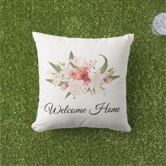 Welcome Home Watercolor Floral Design Outdoor Pillow