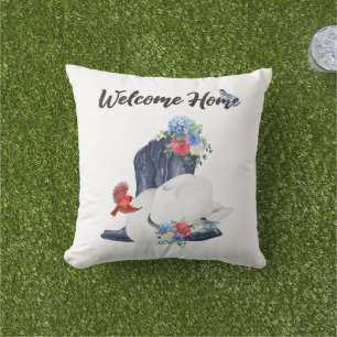 Welcome Home with Cowboy Boots/Hat & Flowers/Birds Outdoor Pillow