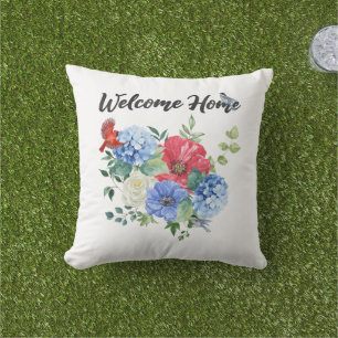Welcome Home with Red/White/Blue Flowers & Birds Outdoor Pillow