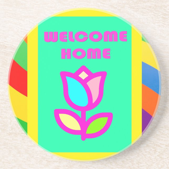 WELCOME HOME WITH STRIPES AND FLOWER PATTERN COASTER (Front)