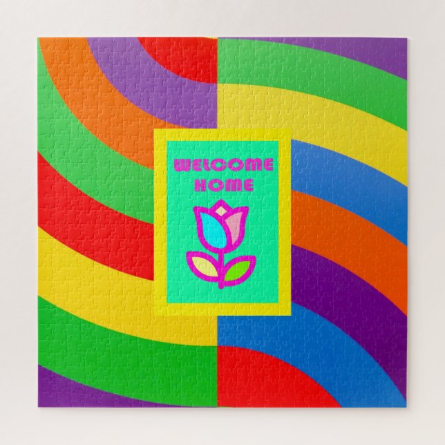WELCOME HOME WITH STRIPES AND FLOWER PATTERN JIGSAW PUZZLE (Vertical)