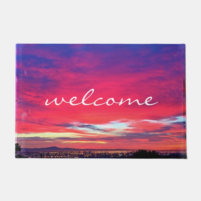 Welcome Hot Pink Blue Clouds Sunset Photo Modern Doormat (Front)