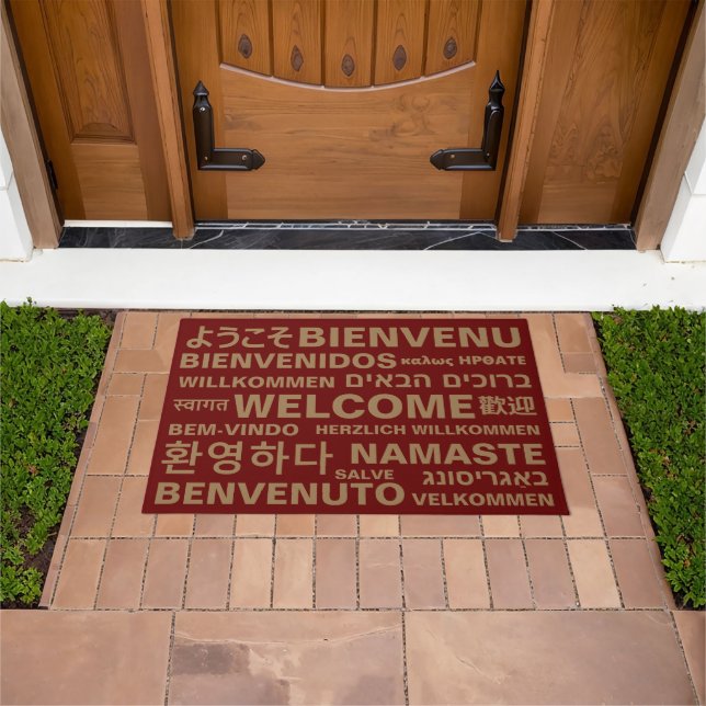 Welcome in different languages gold maroon modern doormat (Outdoor)