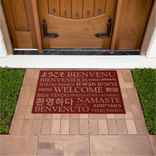 Welcome in different languages maroon gold elegant doormat