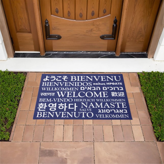 Welcome in different languages navy blue elegant doormat (Outdoor)
