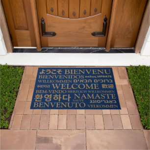 Welcome in different languages navy gold elegant doormat
