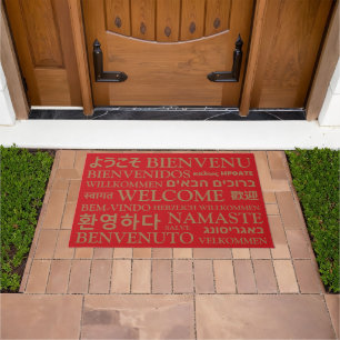Welcome in different languages red gold elegant doormat