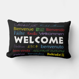 Welcome in Many Languages Black Colourful Lumbar Pillow