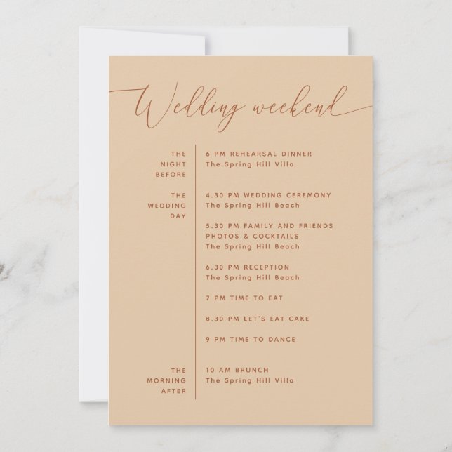 Welcome & Itinerary Wedding | Warm Peach Sand Invitation (Back)