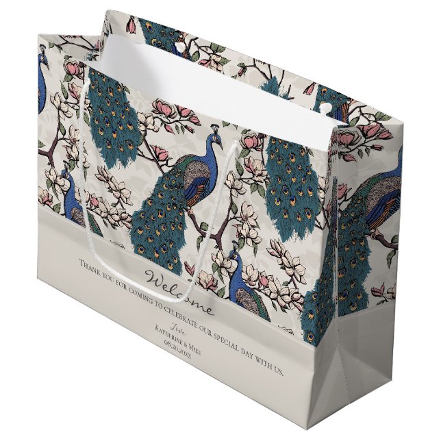 Welcome Ivory Floral Peacocks Large Gift Bag (Front Angled)