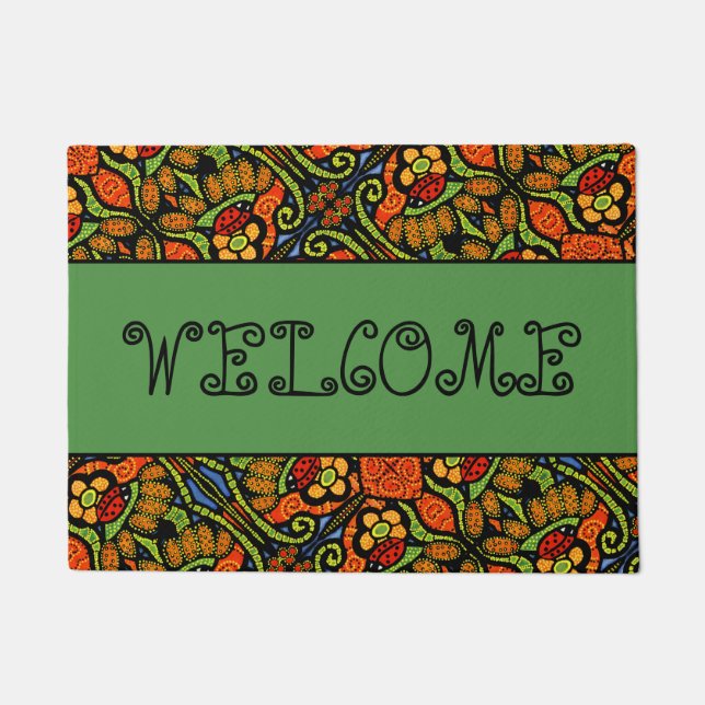 Welcome Ladybugs Pattern With Green 18"x24" Doormat (Front)