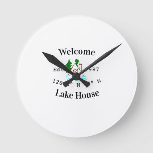Welcome lake house corrdinated est. Year mountain  Round Clock