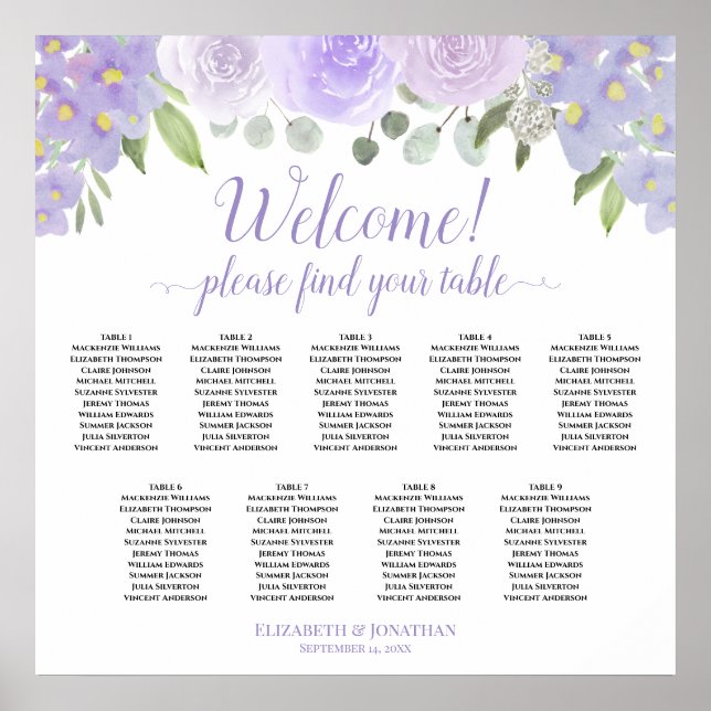 Welcome! Lavender Boho Roses 9 Table Seating Chart (Front)
