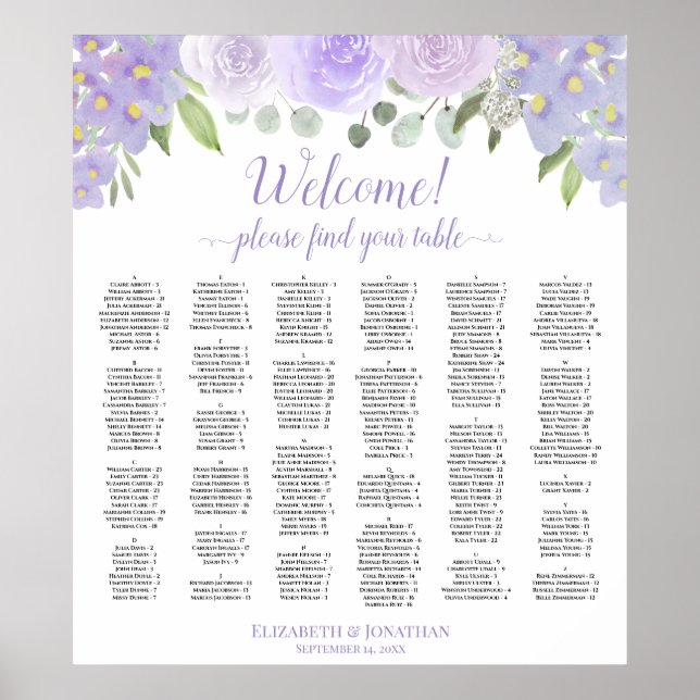 Welcome Lavender Roses Alphabetical Seating Chart (Front)