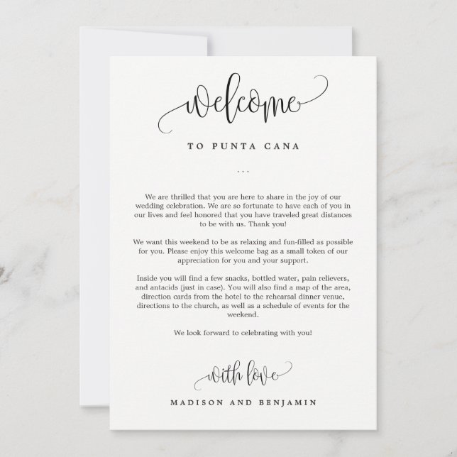 Welcome Letter and Itinerary Wedding Welcome Bag (Front)