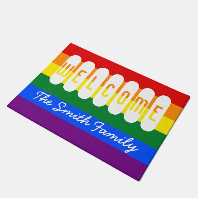 Welcome LGBT Rainbow Flag Lesbian Gay Pride Doormat (Angled)