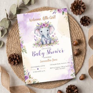 Welcome Little Girl Purple Floral Elephant Invitation