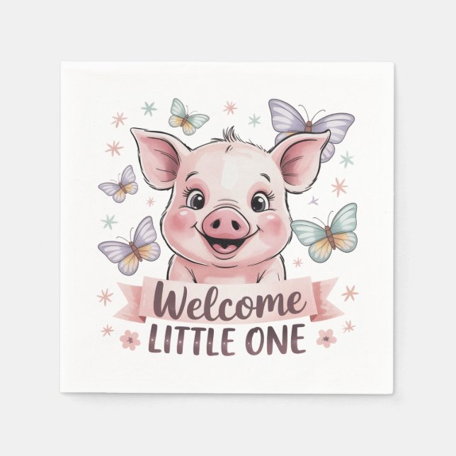 Welcome Little One - Cute Piglet Baby Shower Napkin (Front)