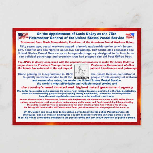 Welcome Louis DeJoy to the USPS. Postcard (Front)
