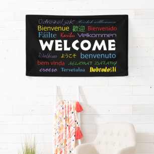 Welcome Many Languages Colourful Typography Black Banner