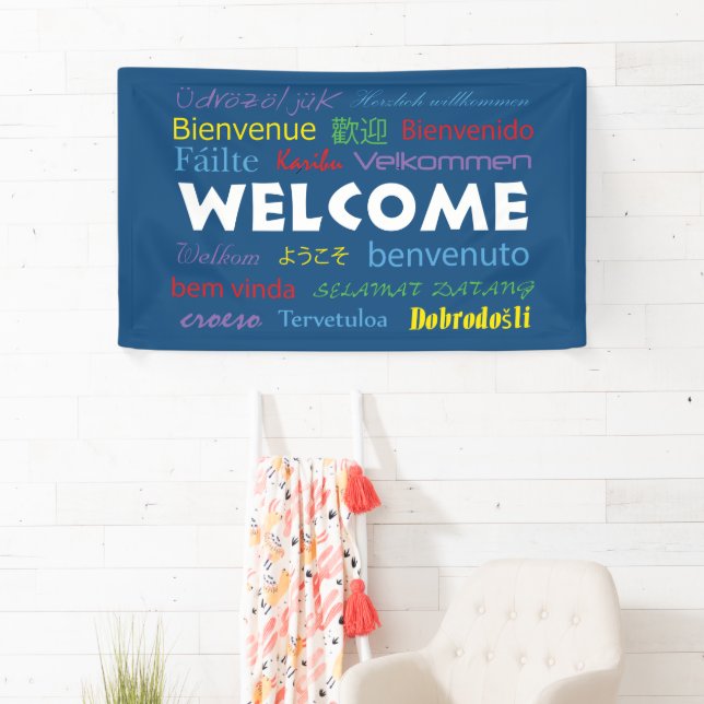 Welcome Many Languages Colourful Typography Blue  Banner (Insitu)