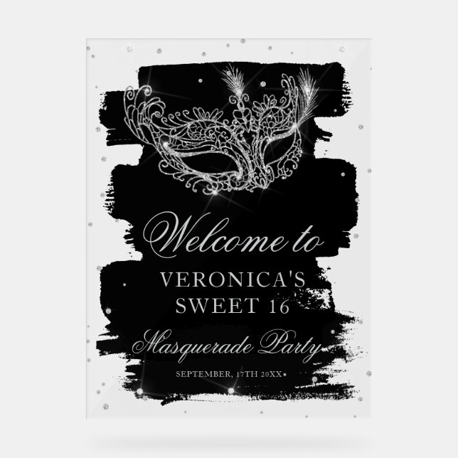 Welcome Masquerade black silver glitter Sweet 16 (Recto)
