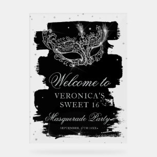 Welcome Masquerade black silver glitter Sweet 16 Acrylic Sign