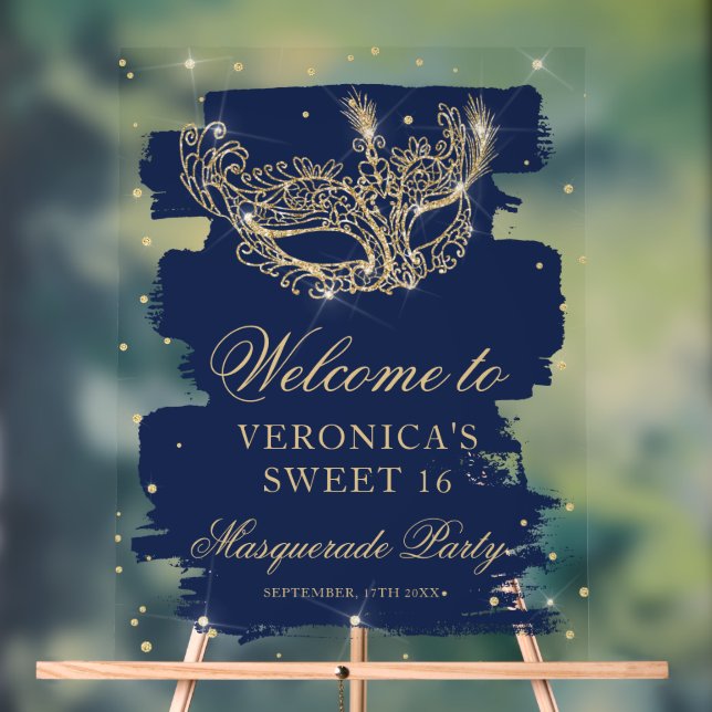 Welcome Masquerade blue gold glitter Sweet 16 Acrylic Sign (Neutral)